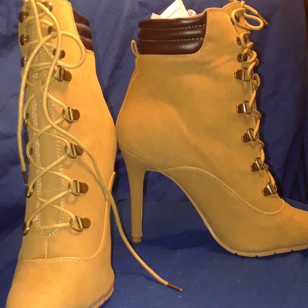 Qupid Camel Lace-Up High Heel Booties